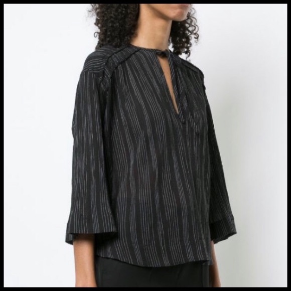 VINCE Variegated Stripe Top in Black/White Cotton. - Picture 2 of 8